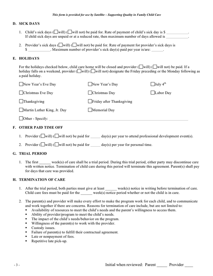 Parent Provider Child Care Agreement Sample In Word And Pdf Formats Page 3 Of 4