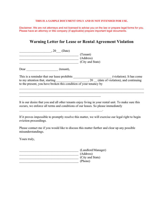 Warning Letter For Lease Or Rental Agreement Violation In Word And Pdf Formats