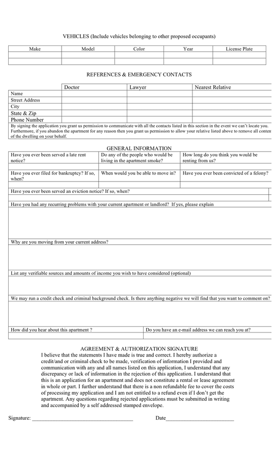 Apartment lease application in Word and Pdf formats page 2 of 4