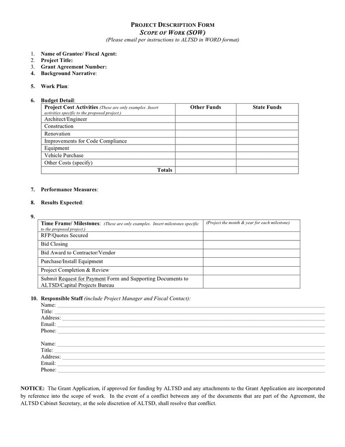 Scope of work template in Word and Pdf formats