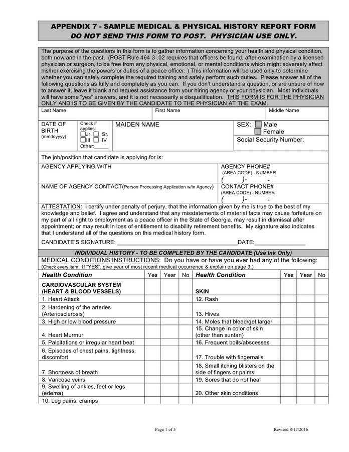 Sample Medical physical History Report Form In Word And Pdf Formats