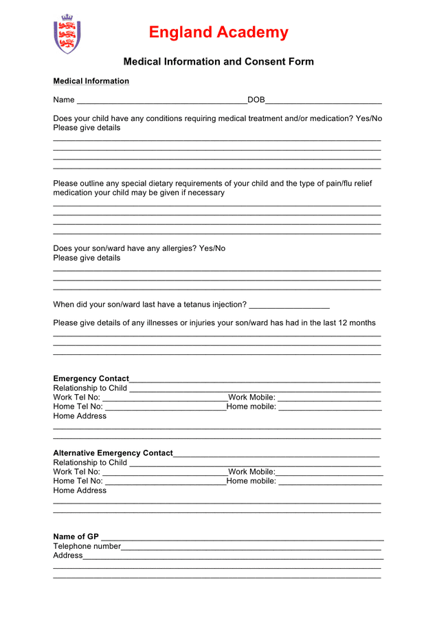 Medical information and consent form in Word and Pdf formats