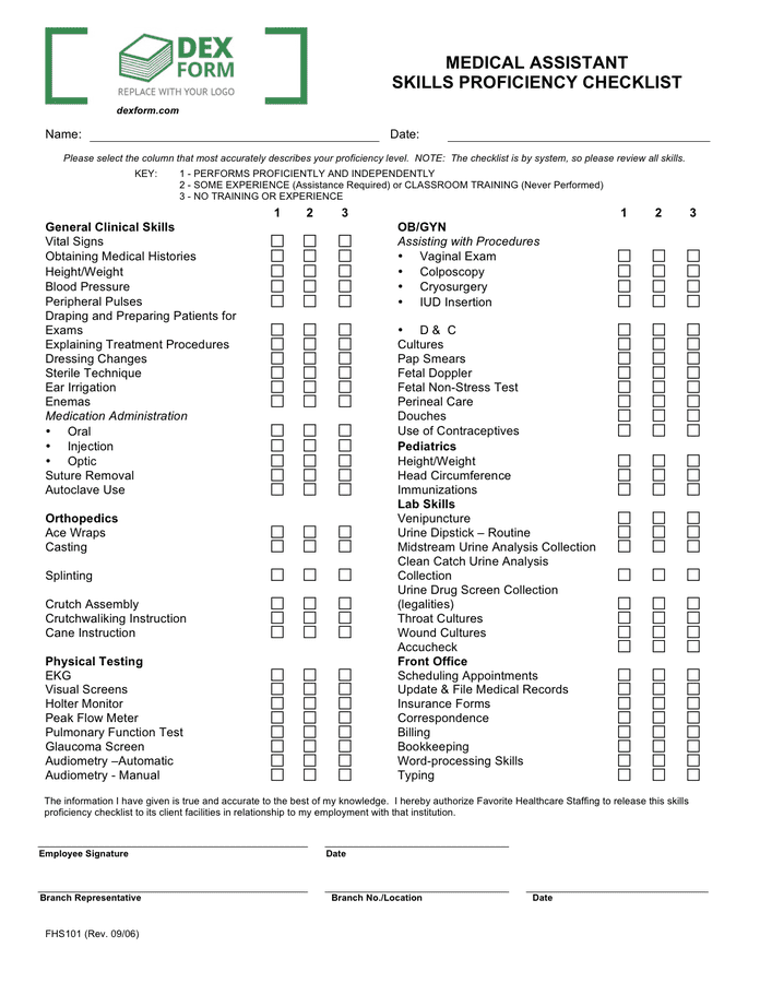 Medical Assistant Skills Proficieny Checklist Form In Word And Pdf Formats