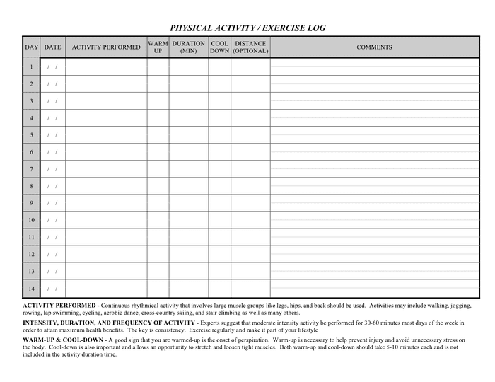 Physical Activity Exercise Log In Word And Pdf Formats