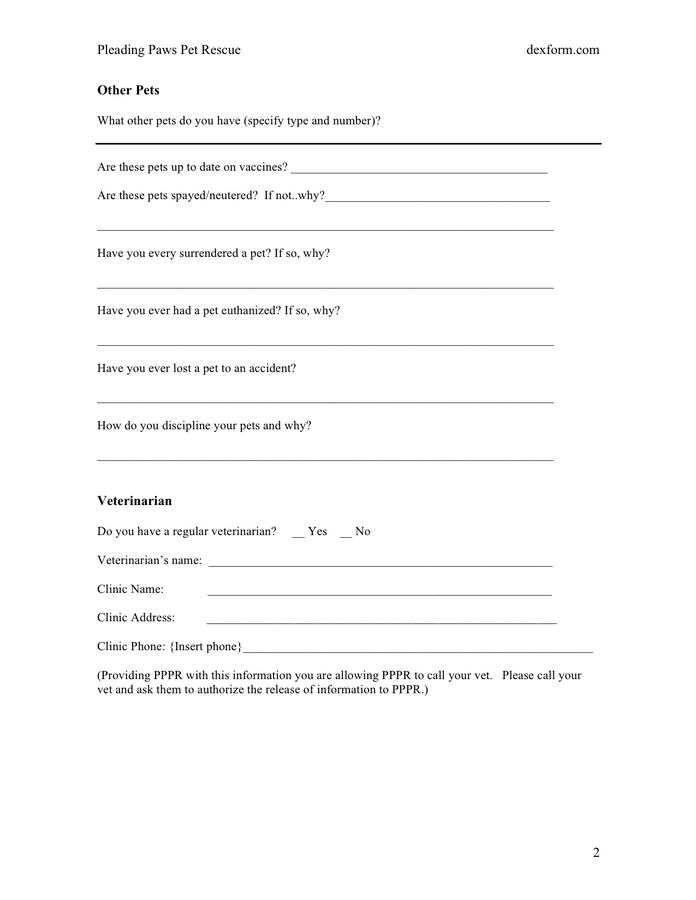 Dog adoption application form in Word and Pdf formats - page 2 of 4