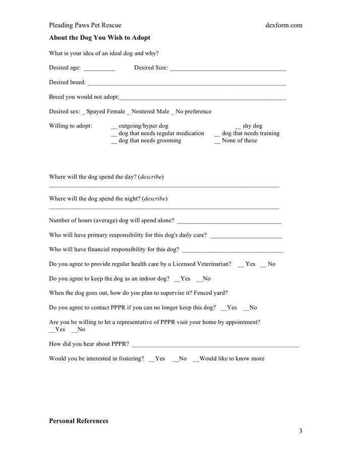 Dog Adoption Application Form In Word And Pdf Formats Page 3 Of 4