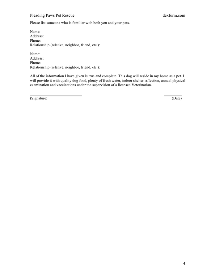 Dog Adoption Application Form In Word And Pdf Formats - Page 4 Of 4