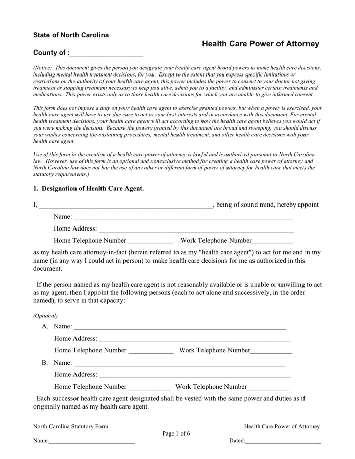 Power Of Attorney Form Nc Printable