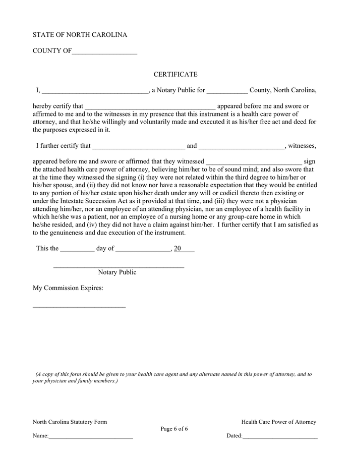 Health care power of attorney form (North Carolina) in Word and Pdf ...