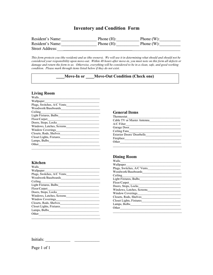Inventory And Condition Form