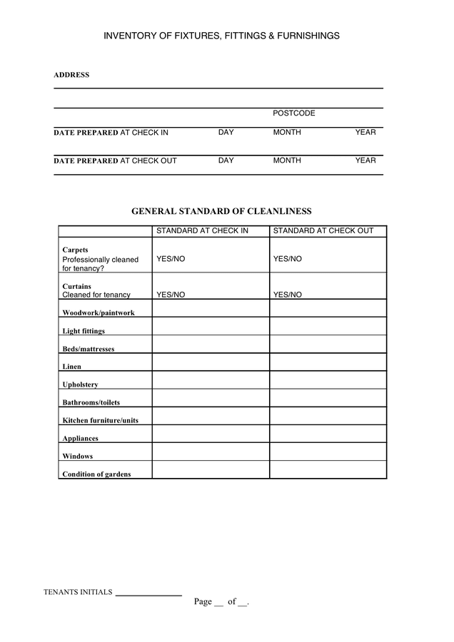 Inventory of fixtures, fittings & furnishings form in Word and Pdf