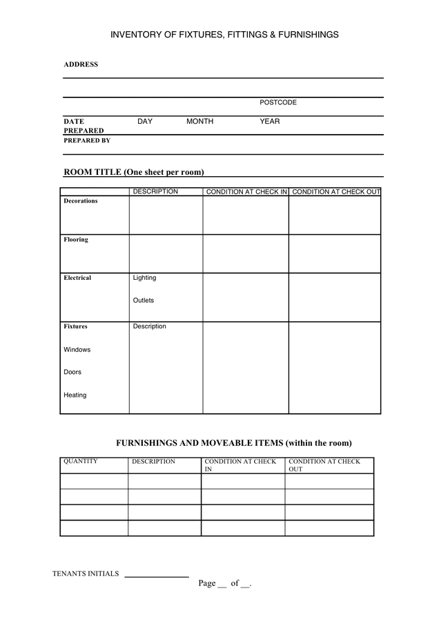 Inventory of fixtures, fittings & furnishings form in Word and Pdf