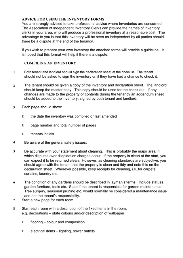 Inventory of fixtures, fittings & furnishings form in Word and Pdf