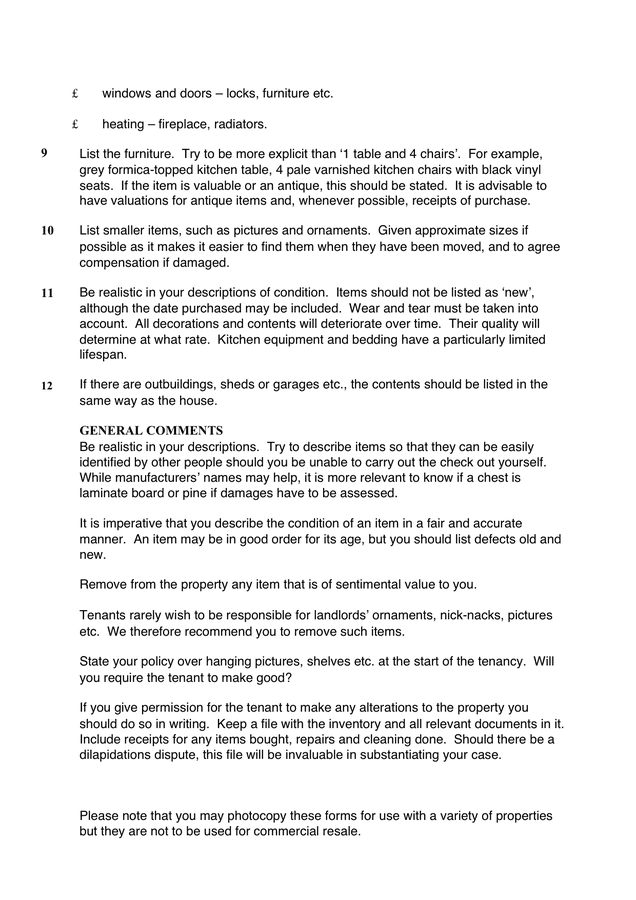 Inventory of fixtures, fittings & furnishings form in Word and Pdf