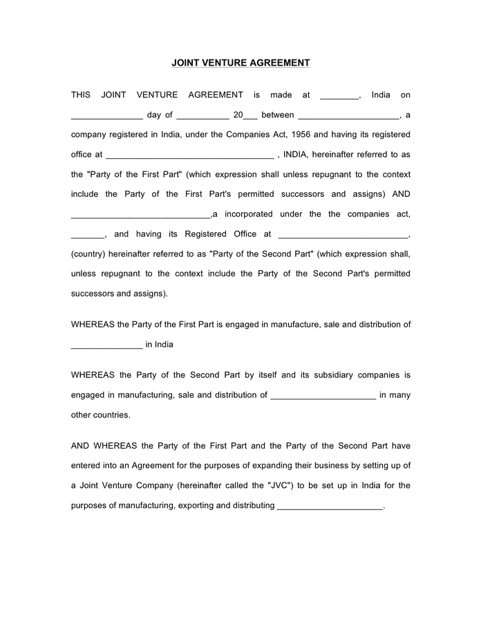 Joint Venture Agreement Template India In Word And Pdf Formats