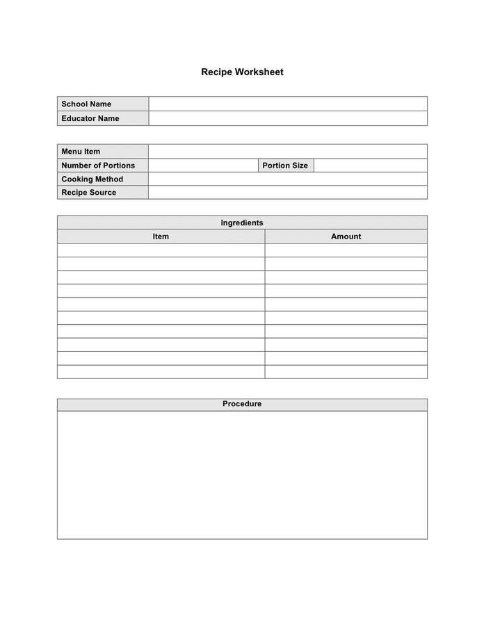 Recipe worksheet template page 1