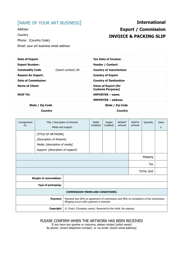 Commission invoice & packing slip in Word and Pdf formats