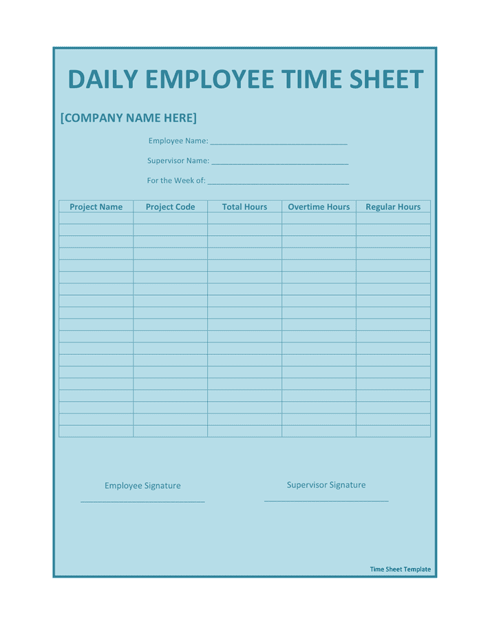 Daily employee time sheet in Word and Pdf formats