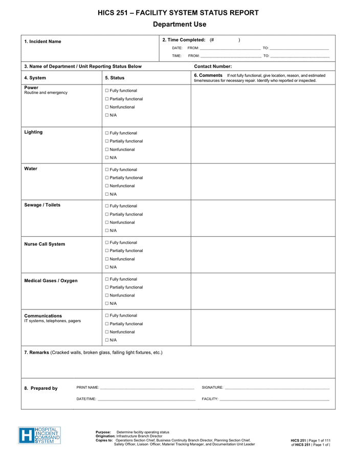 Sample facility system status report in Word and Pdf formats
