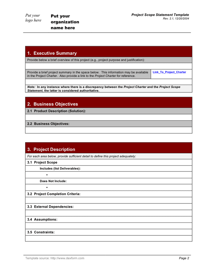 Project scope statement template in Word and Pdf formats page 2 of 6