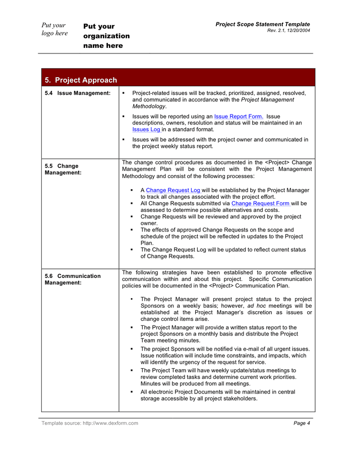 Project scope statement template in Word and Pdf formats page 4 of 6