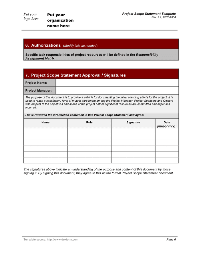 Project scope statement template in Word and Pdf formats - page 6 of 6