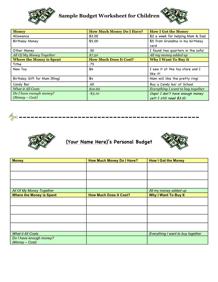 Sample budget worksheet for children page 1