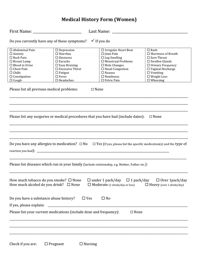 Medical history form for women in Word and Pdf formats