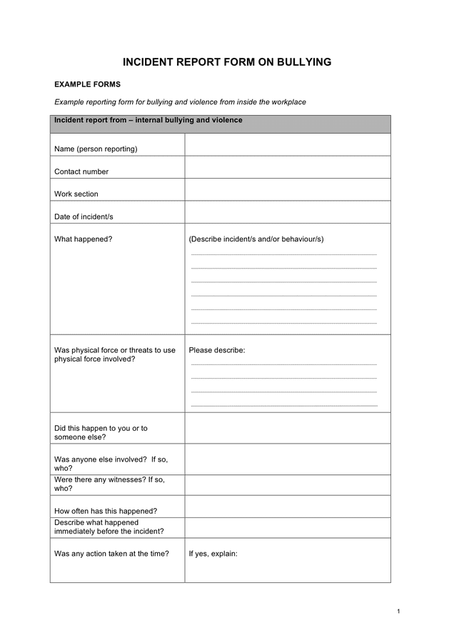 Incident Report Form On Bullying In Word And Pdf Formats