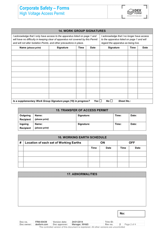 High voltage access permit form in Word and Pdf formats page 2 of 4