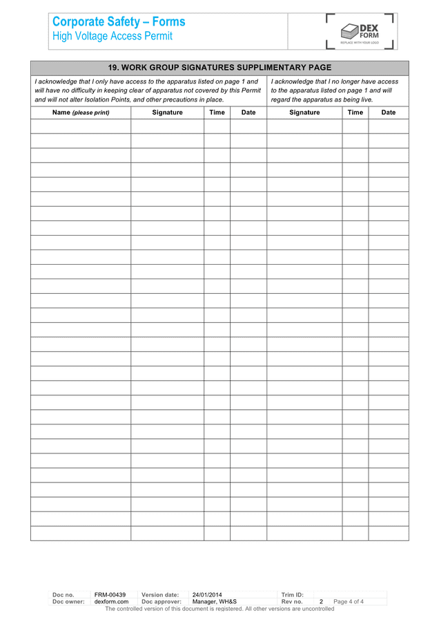High voltage access permit form in Word and Pdf formats page 4 of 4