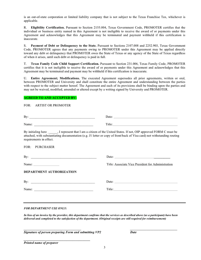 Entertainer / artist / promoter contract in Word and Pdf formats page