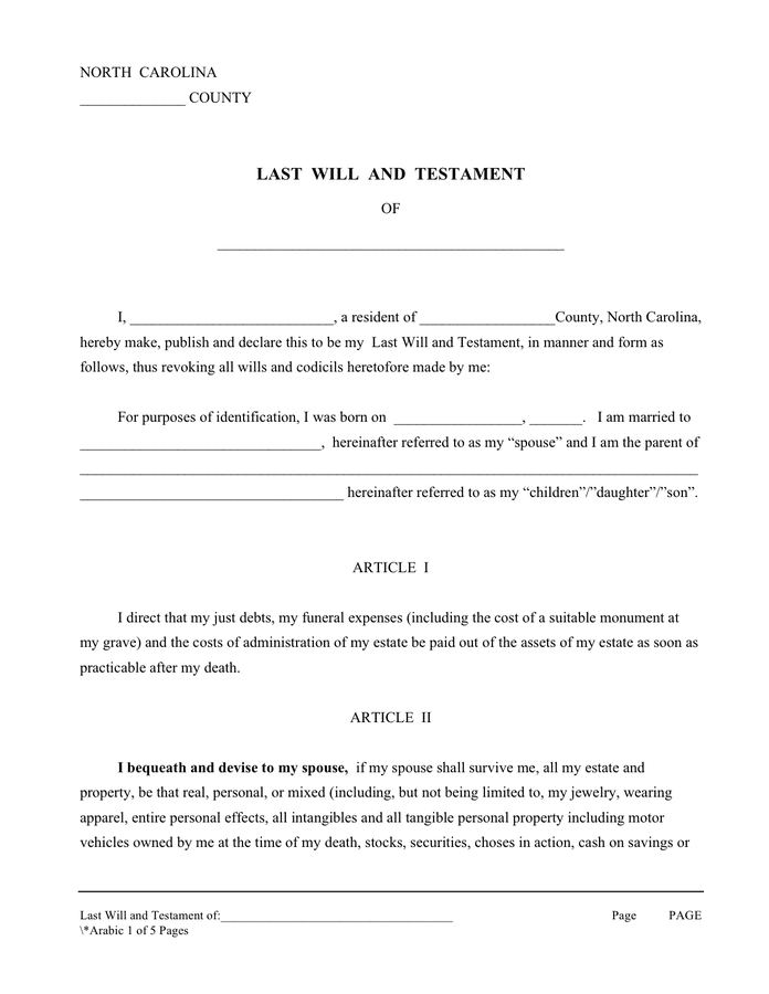 Last will and testament form (North Carolina) in Word and Pdf formats