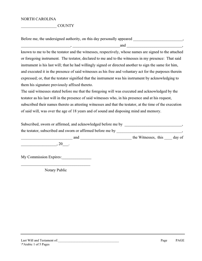 Last will and testament form (North Carolina) in Word and Pdf formats