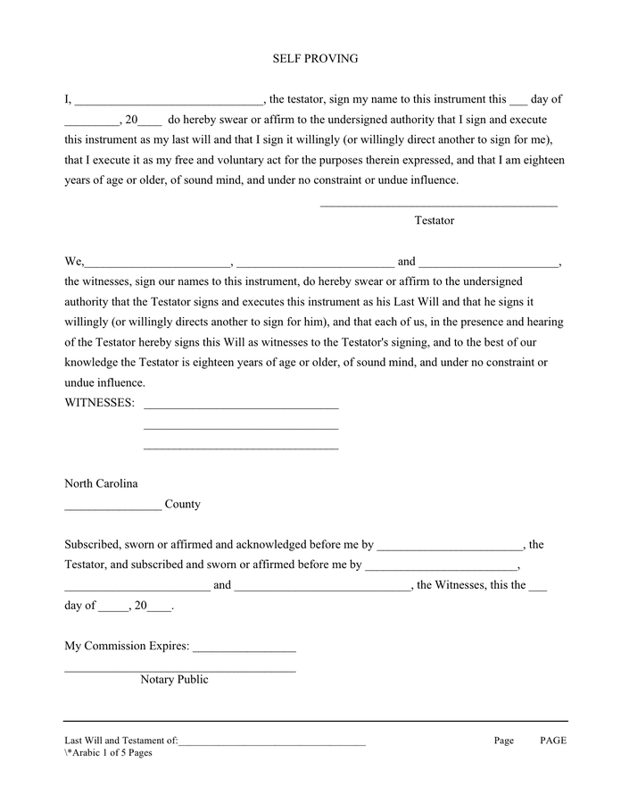 Last will and testament form (North Carolina) in Word and Pdf formats page 5 of 5