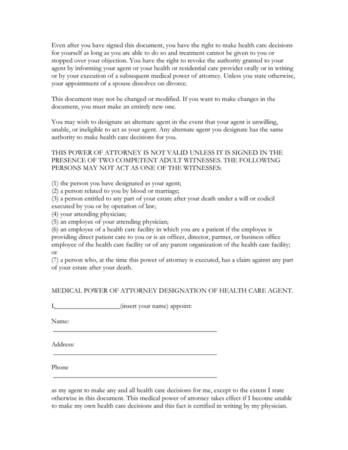 Statutory medical power of attorney (Texas) in Word and Pdf formats