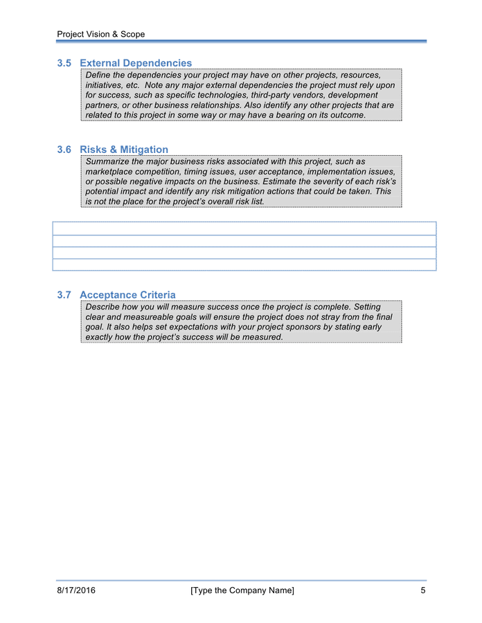 Project vision & scope template in Word and Pdf formats - page 5 of 5