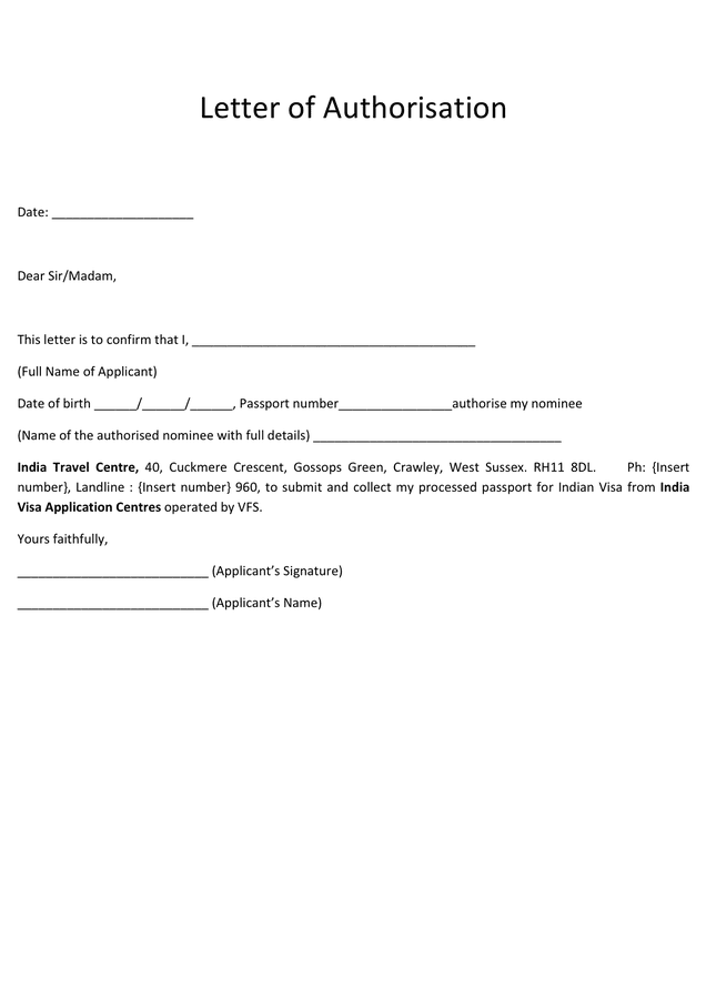Visa letter of authorization form in Word and Pdf formats