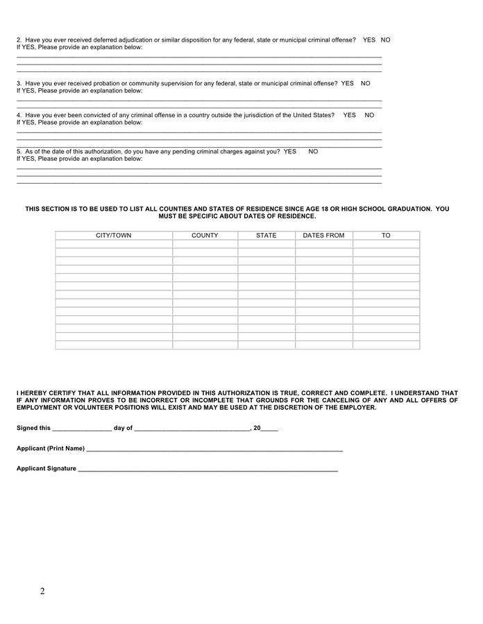 Consent To Perform Criminal History Background Check Form In Word And Pdf Formats Page 2 Of 2 5505