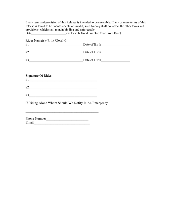 Rider realease of liabilty form in Word and Pdf formats - page 2 of 4