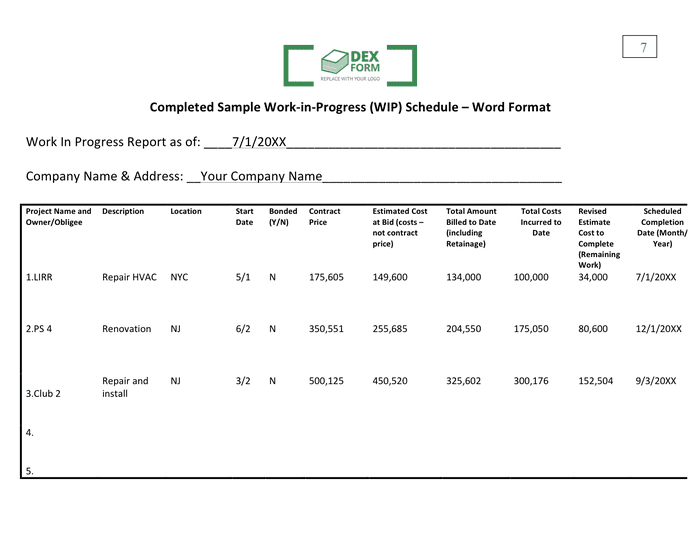 Work in progress report sample in Word and Pdf formats