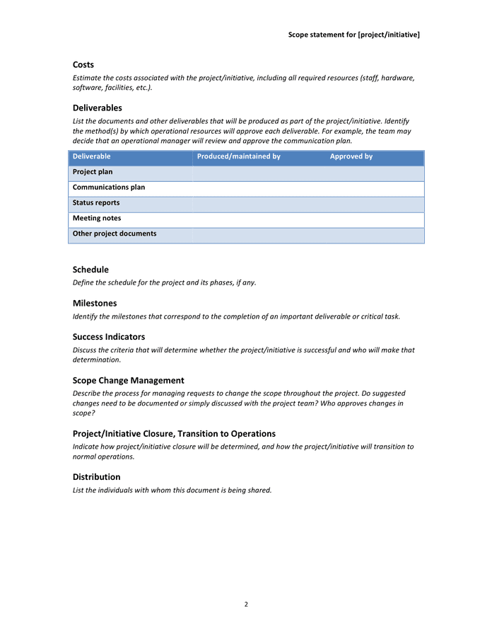 Scope statement for project in Word and Pdf formats - page 2 of 3