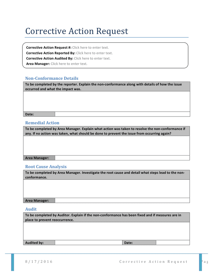 Corrective action request form in Word and Pdf formats