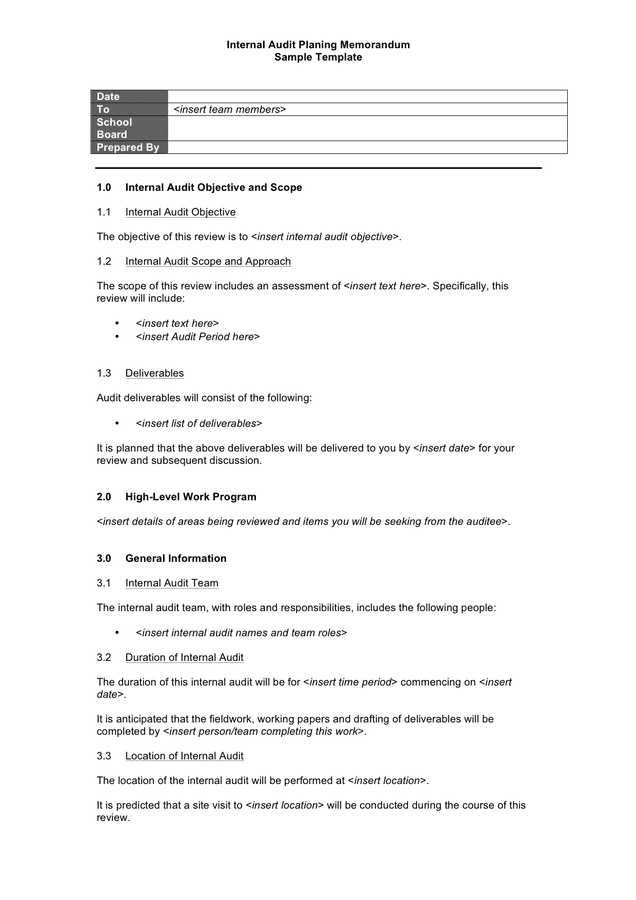 Internal audit planning memorandum template in Word and Pdf formats