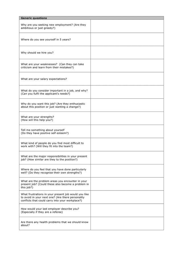 interview questions paper format