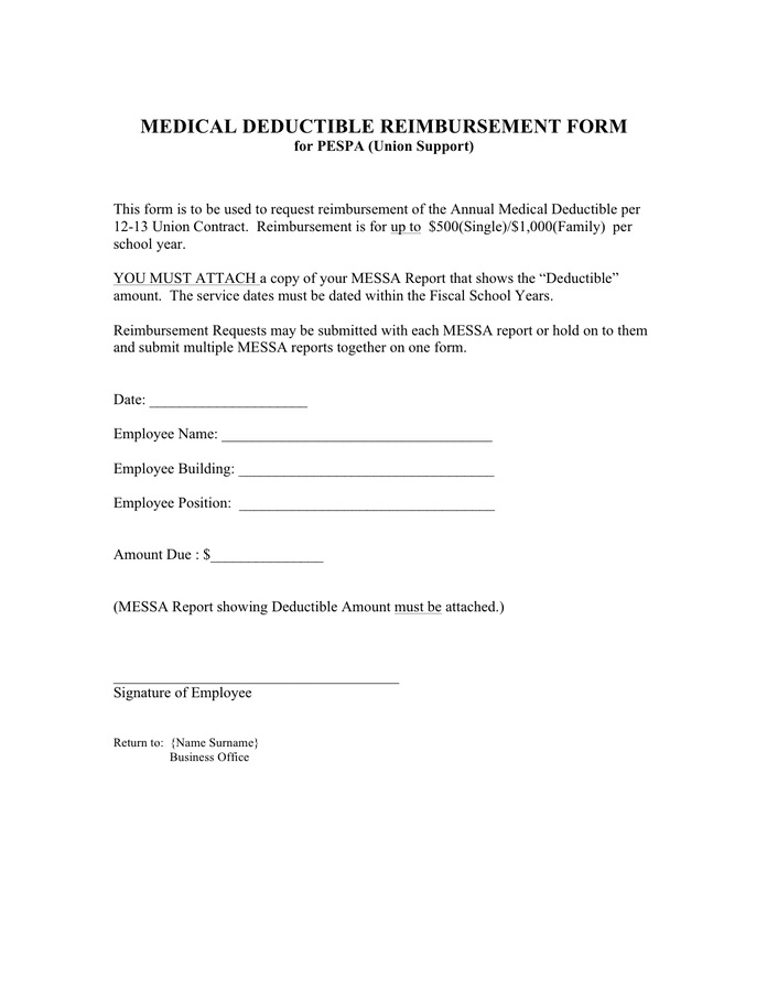 Medical deductible reimbursement form in Word and Pdf formats