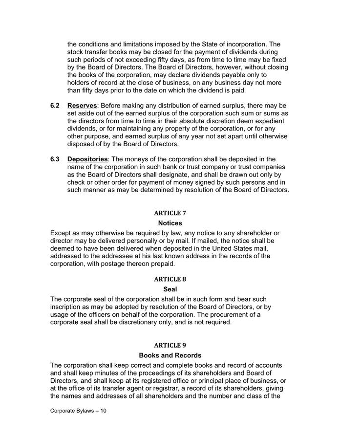 Corporate Bylaws Template In Word And Pdf Formats Page 10 Of 12 0767