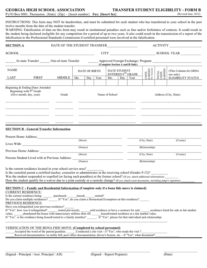 Transfer student eligibility form in Word and Pdf formats