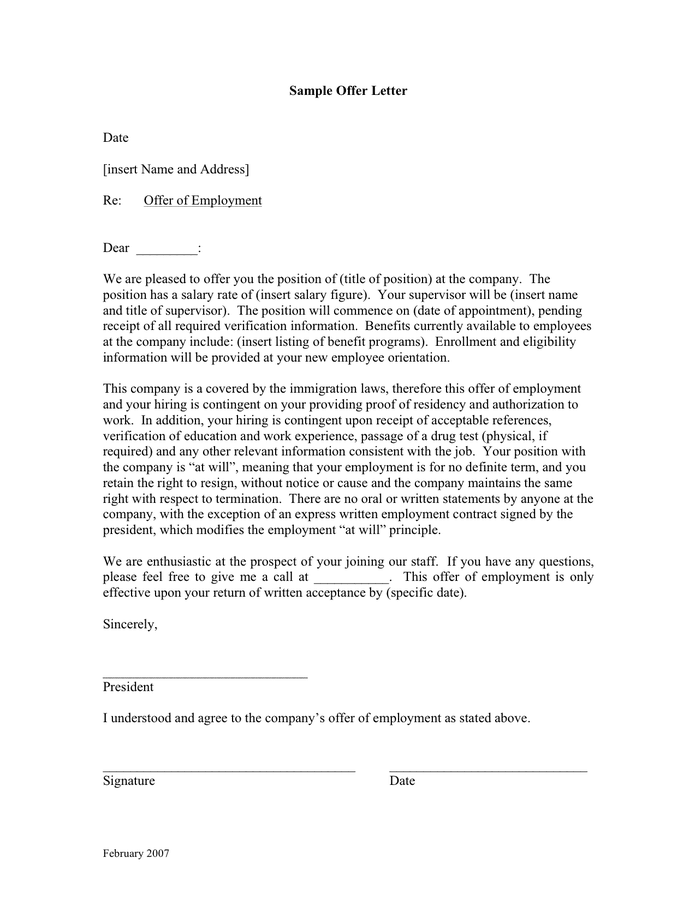 Sample offer letter in Word and Pdf formats