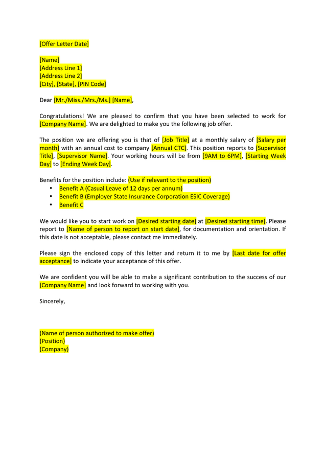 Simple Job Offer Letter Template Word
